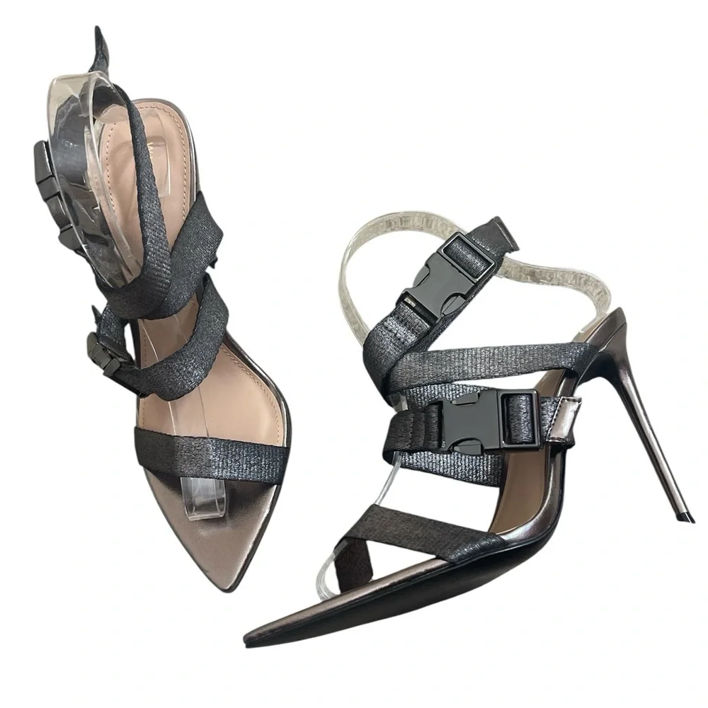 Street Style Chic Winnie Harlow x Steve Madden Edgy Gun Metal Strappy Heels